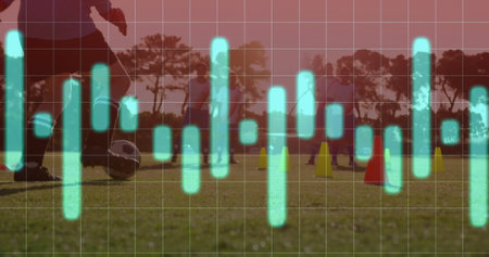 Controlling coach guiding soccer ball on sunset field with cones and waveform overlay, copy space....