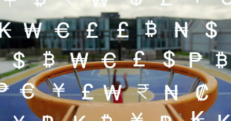 Highlighting rim and net on outdoor basketball court, with red-top player and currency symbols....