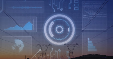 Overlaying HUD on power towers at dawn, with waveform, charts, map, code snippet and circuit traces....
