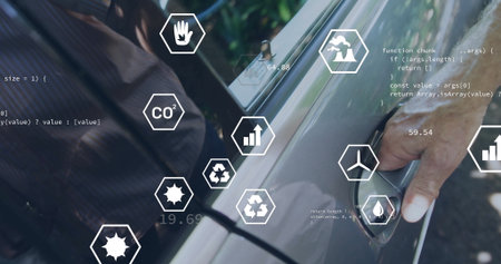 Pressing sensor handle, male unlocking car door in driveway with hex icons, copy space. Technology,...