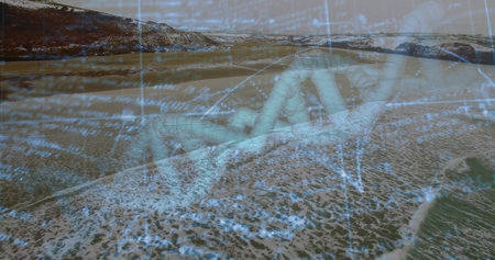 Displaying translucent DNA helix blending with sandy waves at shoreline, with floating numeric text....