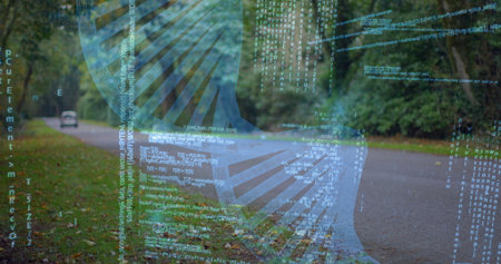 Floating translucent helix graphic merging code lines over rural forest road, with parked vehicle....