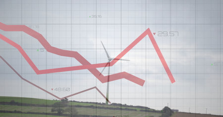Showing lone wind turbine rotating on grassy hillside, with red line graph, grid and numeric labels. Renewable, energy, sustainability, technology, environmental, modern, landscapeの写真素材