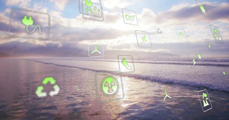 Floating digital icons hovering above shoreline at low tide with renewable and recycling symbols. Sustainability, ecological, environmental, futuristic, minimalistic, innovational, naturalの写真素材