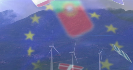 Rotating three wind turbines on hills under misty ridge, with EU stars, US China Denmark flags....