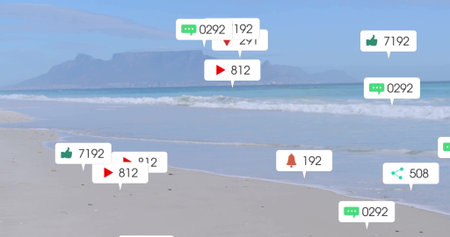 Floating callouts showing metrics at beach shore, thumbs-up comment view notification share icons....