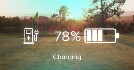 Displaying charging grid overlaying dawn fairway with flagstick, charging icons, 78% Eco Charging. Scenic, landscape, technology, sustainability, outdoor, nature, innovationの写真素材