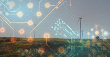 Showing single wind turbine rising above grassy plain with glowing nodes and circuit lines overlay....