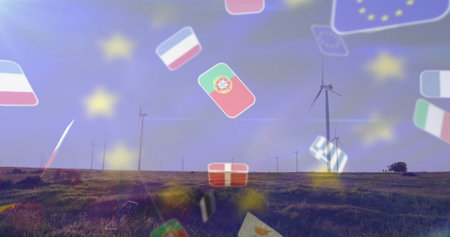 Showcasing cluster of wind turbines making clean energy in rural wind farm, with floating EU flags....