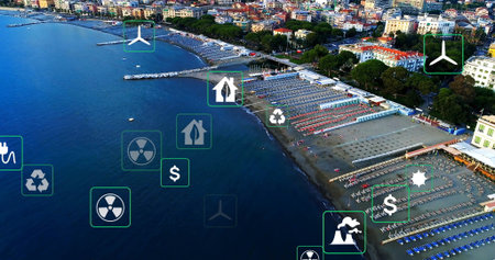 Capturing aerial view of coastal resort with curved bay, loungers, umbrellas, piers, overlay icons....