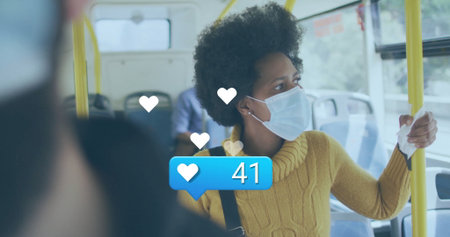 Standing female wearing mustard sweater, grasping handrail on bus, with 41 floating heart icons....