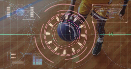 Gripping blue basketball, Asian teenager wearing yellow jersey on basketball court with HUD overlay. Athletic, sporty, digital, interface, fitness, competition, trainingの写真素材