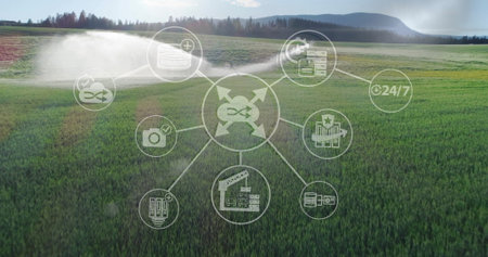 Spraying pivot sprinkler system distributing water on rural farmland, with digital network overlay. Agriculture, irrigation, digital, precision, technology, sustainability, futuristicの写真素材