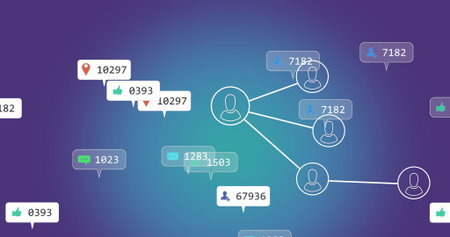 Showing outlined avatar icons connecting by white lines on digital interface, with metric icons....