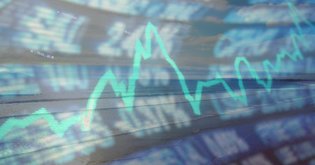 Overlaying green line graph on low tide shoreline with lapping waves, numeric data  and  ticker symbols. Finance, analytics, data, technology, serenity, ocean, landscapeの写真素材