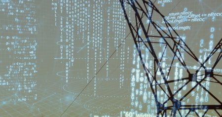 Floating wireframe network rising above grid floor in digital space with code streams, copy space. Futuristic, technology, cyber, virtual, digital, network, abstractの写真素材