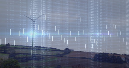 Showing wind turbine standing amid rolling farmland hills, under translucent financial data overlay....