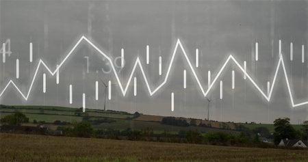 Displaying white candlestick chart hovering over harvested farmland, wind turbines and rural houses....