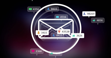 Displaying white envelope icon inside concentric circles on dark backdrop with notification badges....