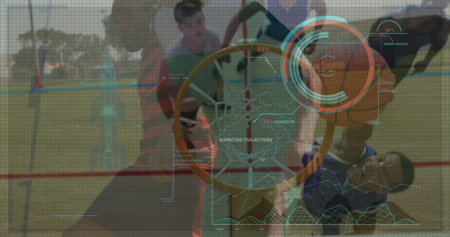 Dunking player in jersey gripping hoop with ball on outdoor court, with HUD tracking trajectory....