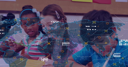 Drawing group of children using colored pencils at classroom table, with digital world map overlay....