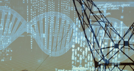 Displaying DNA helix rotating over 3D grid plane, streaming code and transmission tower silhouette....