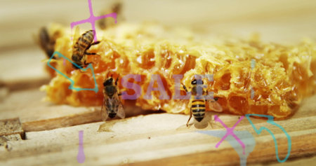 Dripping honeycomb segment oozing honey on wooden slats, featuring bees, annotations and SAVE text. Nature, sustainability, eco-friendly, craftsmanship, artistry, organic, preservationの写真素材