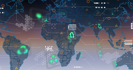 Digital world map showing heatmap spots, hex grids, warning markers and eco icons in dashboard UI....