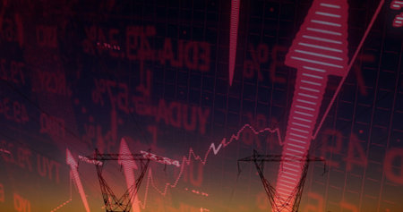 Silhouettes showing two steel lattice towers rising at dusk horizon, with red arrows and grid data....