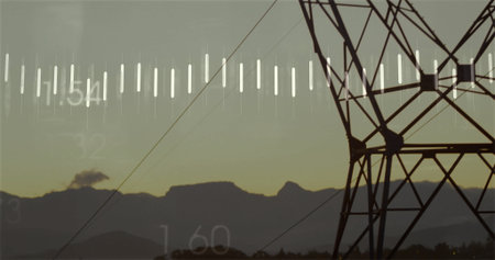 Showing transmission tower looming in hills at dawn, with power lines and data overlay, copy space....