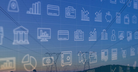 Displaying high voltage towers stretching across rural hills at twilight, with financial icons. Infrared, energy, infrastructure, technology, finance, innovation, sustainabilityの写真素材