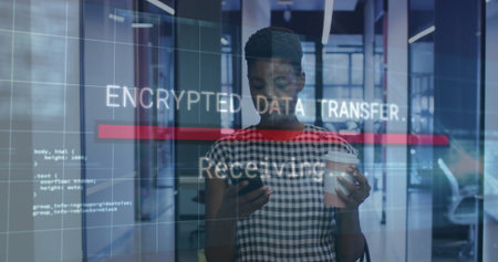 Holding smartphone and coffee cup, employee standing in office hallway with encrypted data overlay. Technology, cybersecurity, modern, professional, digital, communication, businessの写真素材