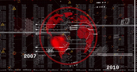 Displaying red 3D globe at command center display, with data panels and hexagon grids. Technology,...