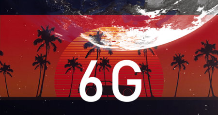 Floating bold white 6G logo above palm silhouettes at sunset horizon, with curved planet starfield....