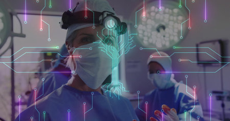 Standing female surgeon wearing mask cap lamp and gloves in operating room, with circuit overlay. Medical, professional, futuristic, innovative, clinical, healthcare, precisionの写真素材