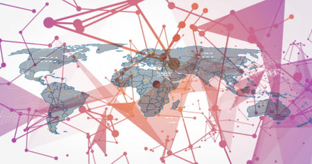 World map displaying network links in digital scene, with network nodes and geometric overlays. Geography, connectivity, data visualization, futuristic, cyber, digital, technologyの写真素材