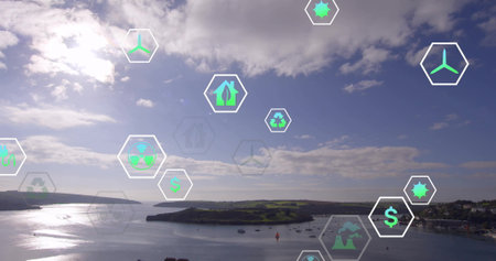 Displaying bay with boats reflecting sunlight on water at peninsula, digital sustainability icons....
