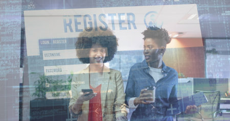 Walking coworkers wearing blazer denim shirt discussing signup overlay in office, with smartphone....