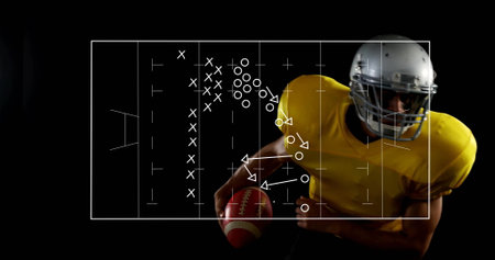 Helmeted player running in yellow uniform holding football in studio with white overlay, copy space. Athlete, strategy, motion, sportswear, digital graphics, training, competitiveの写真素材