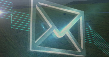 Hovering stylized glowing envelope icon floating over farm valley, with teal digital data lines. Technology, agriculture, innovation, digital, futurism, sustainability, dataの写真素材