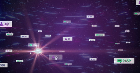 Bursting bright light flare illuminating purple space, with floating digital panels showing counts. Futuristic, technology, data, digital, abstract, vibrant, cyberの写真素材