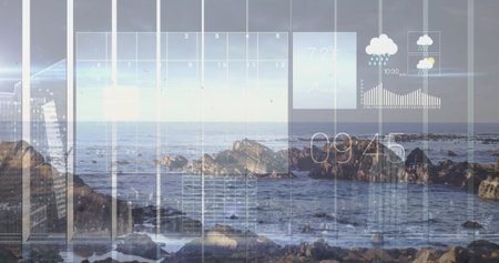 Showing dashboard with calendar grid, clock, weather icons, 72Â° temp over rocky shore, bar chart....