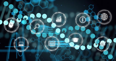 Displaying horizontal DNA helix in digital interface, with nine science and tech icons. Science,...