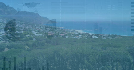 Displaying panorama on hillside showing pine forest rooftops, mountain and ocean, with data overlay....