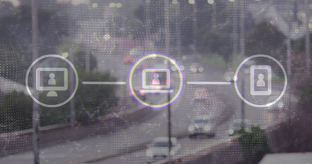 Displaying network overlay on highway scene, with dot matrix and monitor laptop smartphone icons....