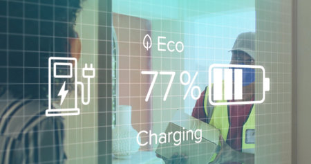 Masked courier wearing yellow vest holding package in home entry, with charging overlay, copy space. Delivery, logistics, sustainability, technology, urban, modern, safetyの写真素材