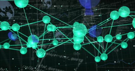 Displaying glowing green spheres connecting via lines on dark grid with code, overlays, data charts....