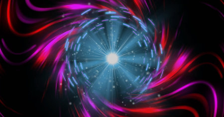 Swirling light vortex radiating in dark void, with glowing nucleus, blue rings, red-magenta streaks. Abstract, digital art, futuristic, cosmic, energy, dynamic, neonの写真素材