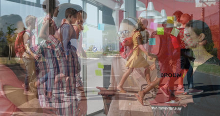 Merging office colleagues brainstorming ideas and students walking sidewalk, with sticky notes. Collaboration, creativity, innovation, urban, educational, modern, teamworkの写真素材