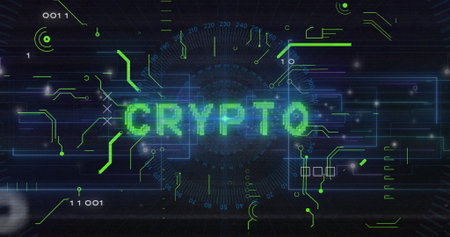 Displaying pixelated green CRYPTO text on digital interface, with radial gauge and circuit traces....